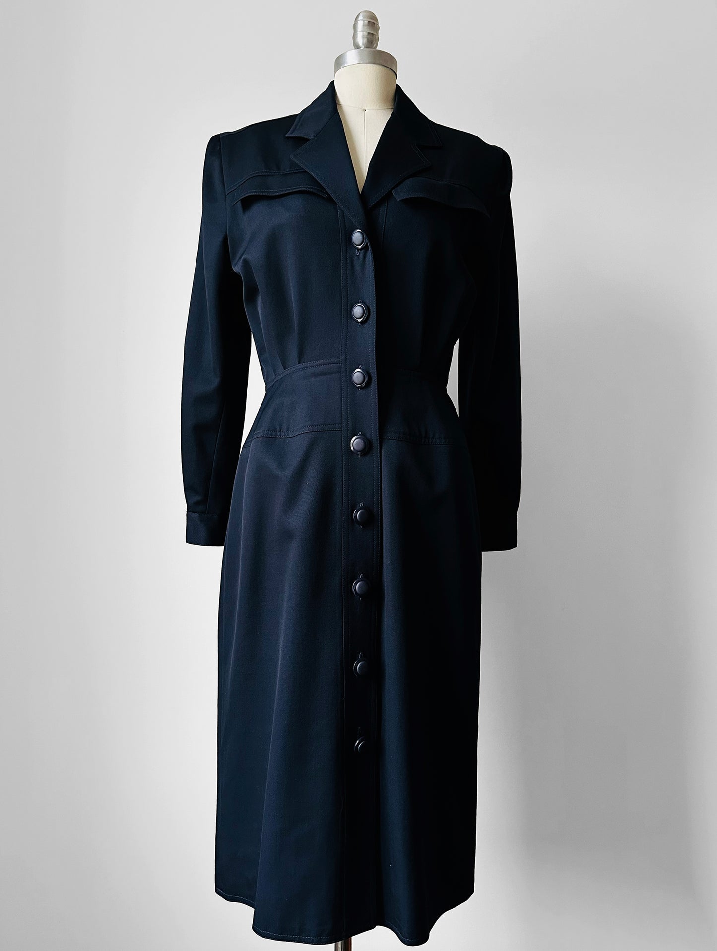 1980s Dark Navy Blue Button-Front Collared Tapered-Waist Wool Harve Benard Dress - Sz. S/M