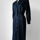 1980s Dark Navy Blue Button-Front Collared Tapered-Waist Wool Harve Benard Dress - Sz. S/M