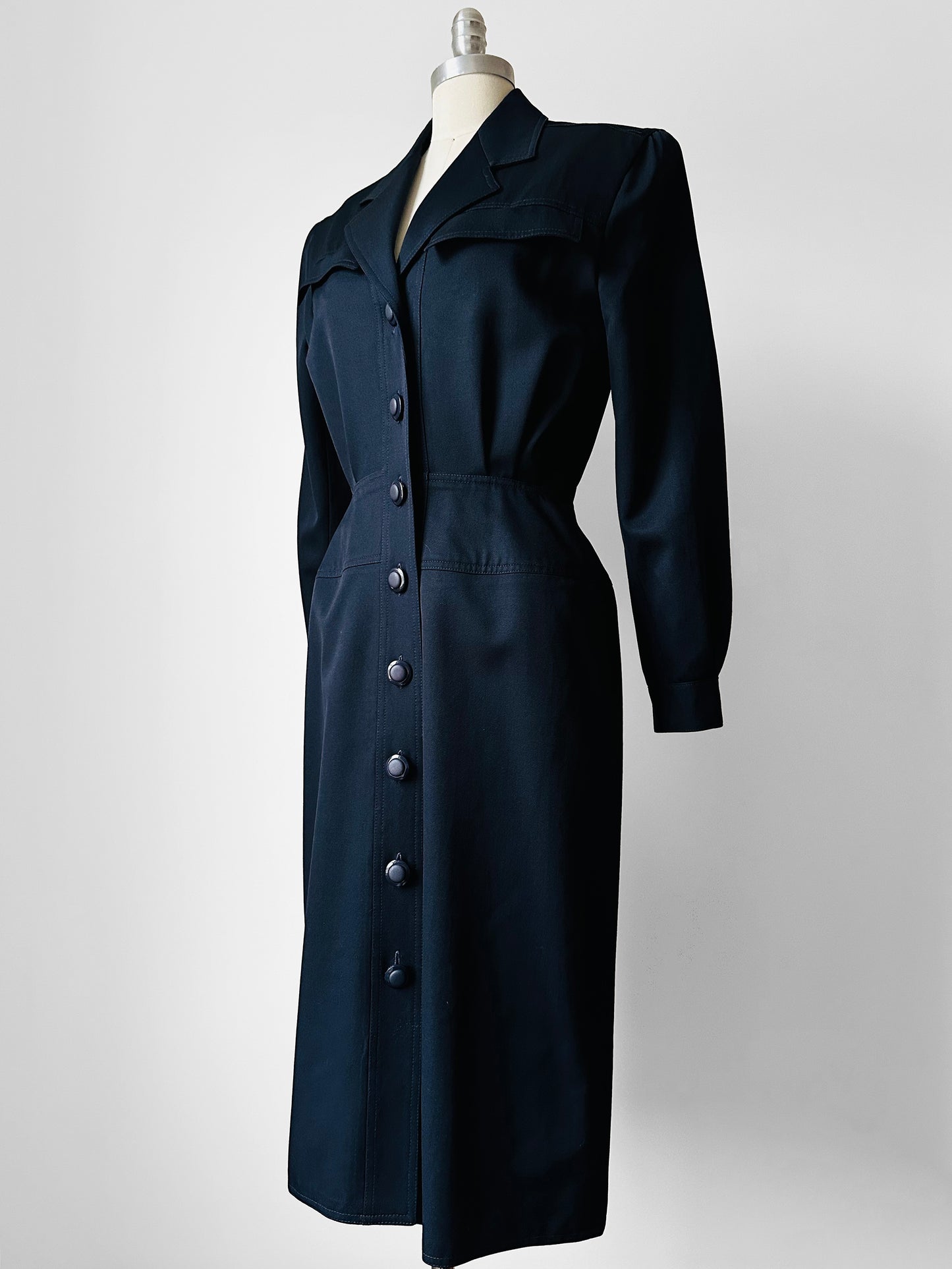 1980s Dark Navy Blue Button-Front Collared Tapered-Waist Wool Harve Benard Dress - Sz. S/M