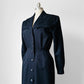 1980s Dark Navy Blue Button-Front Collared Tapered-Waist Wool Harve Benard Dress - Sz. S/M