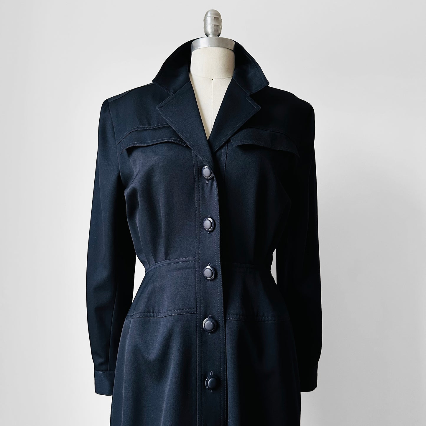 1980s Dark Navy Blue Button-Front Collared Tapered-Waist Wool Harve Benard Dress - Sz. S/M