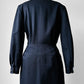 1980s Dark Navy Blue Button-Front Collared Tapered-Waist Wool Harve Benard Dress - Sz. S/M