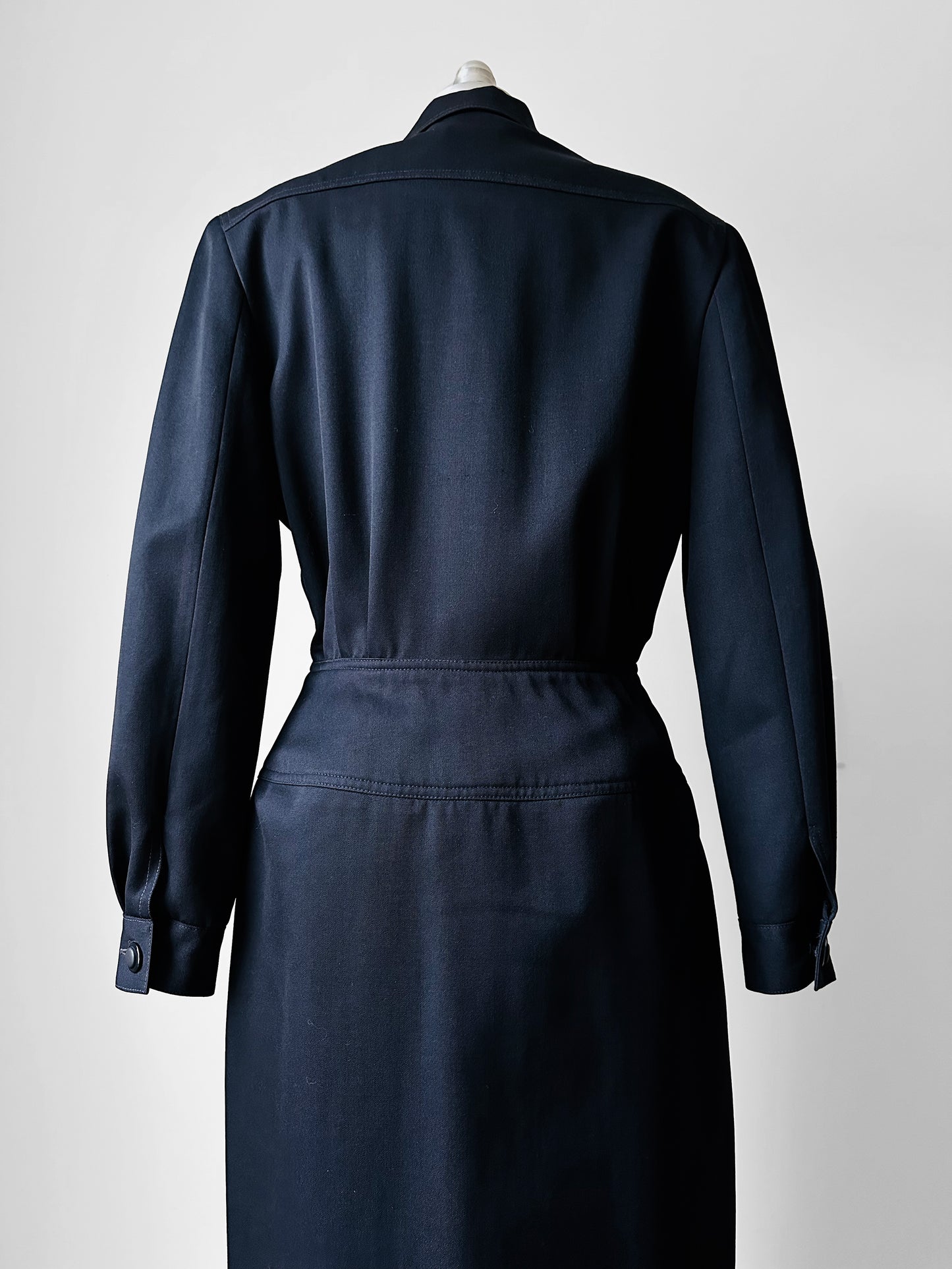 1980s Dark Navy Blue Button-Front Collared Tapered-Waist Wool Harve Benard Dress - Sz. S/M