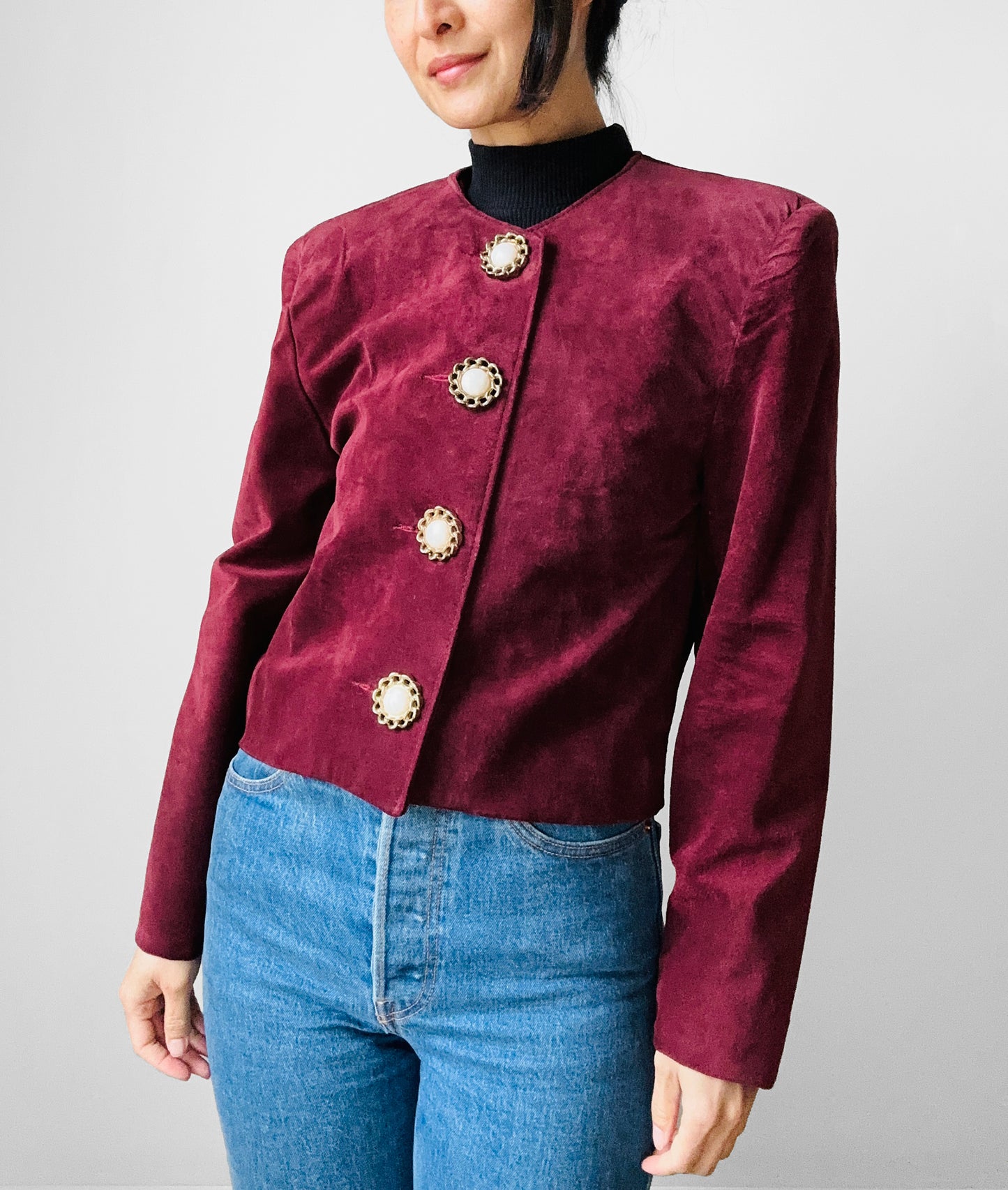 1980s Wine Toned Suede Crop Button Front Jacket - Sz. S/M