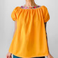 Vintage 1960s - 1970s Mustard Yellow Crochet Floral Trim Short Sleeve Peasant Blouse - Sz. S