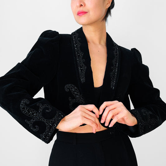 1980s Black Velvet Beaded Crop Jacket - Sz. XS / S