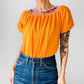 Vintage 1960s - 1970s Mustard Yellow Crochet Floral Trim Short Sleeve Peasant Blouse - Sz. S
