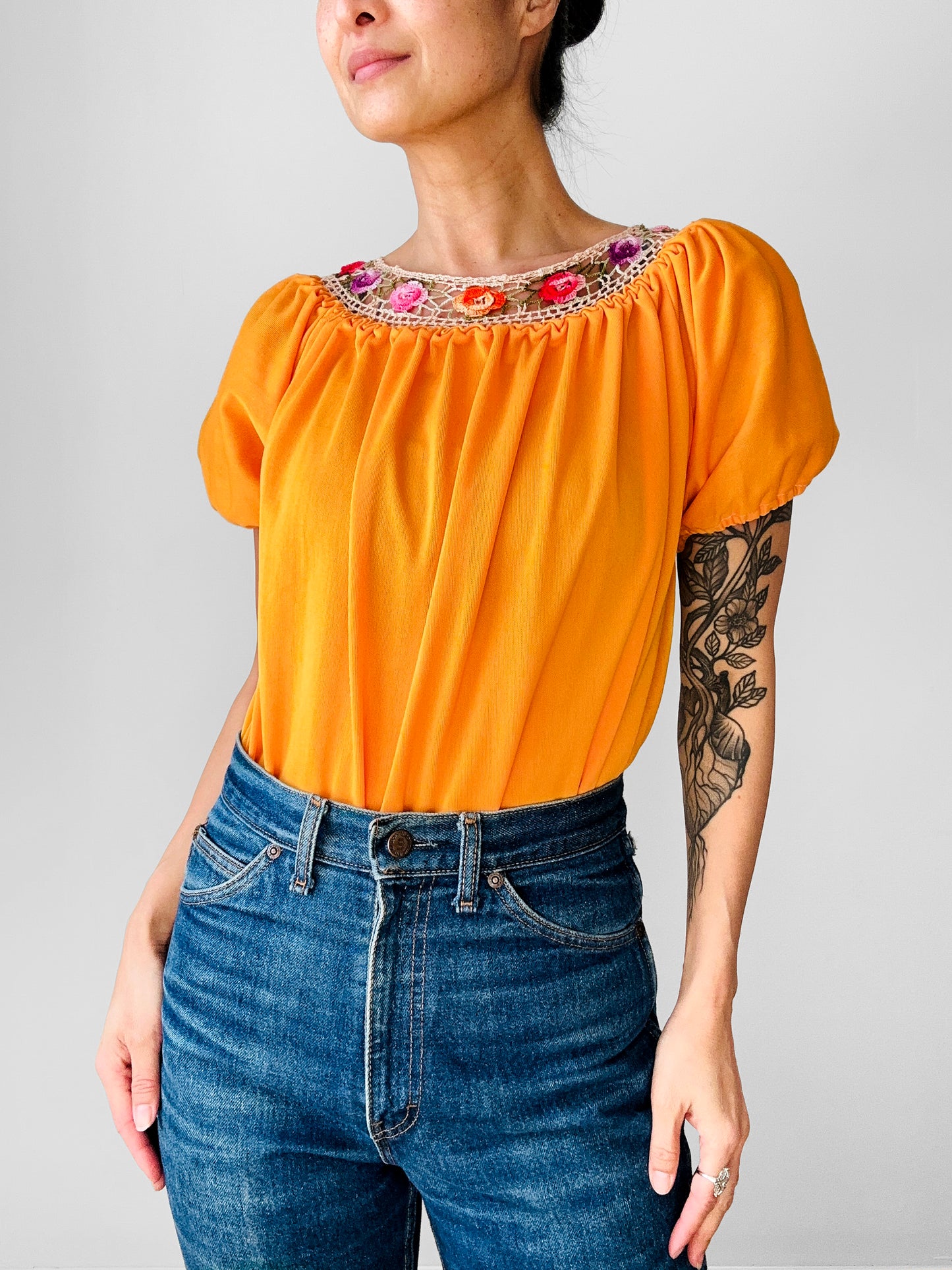 Vintage 1960s - 1970s Mustard Yellow Crochet Floral Trim Short Sleeve Peasant Blouse - Sz. S