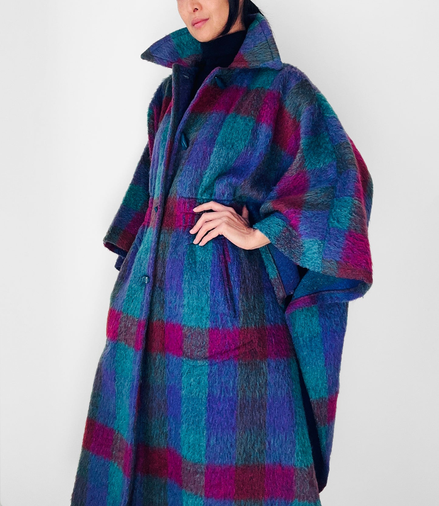 1960s Multi-Coloured Large Checkerboard Gingham Wool Cape Coat