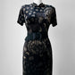 1990s Long Black and Gold Velour Asian Patterned Dress - Sz. Sm