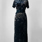 1990s Long Black and Gold Velour Asian Patterned Dress - Sz. Sm