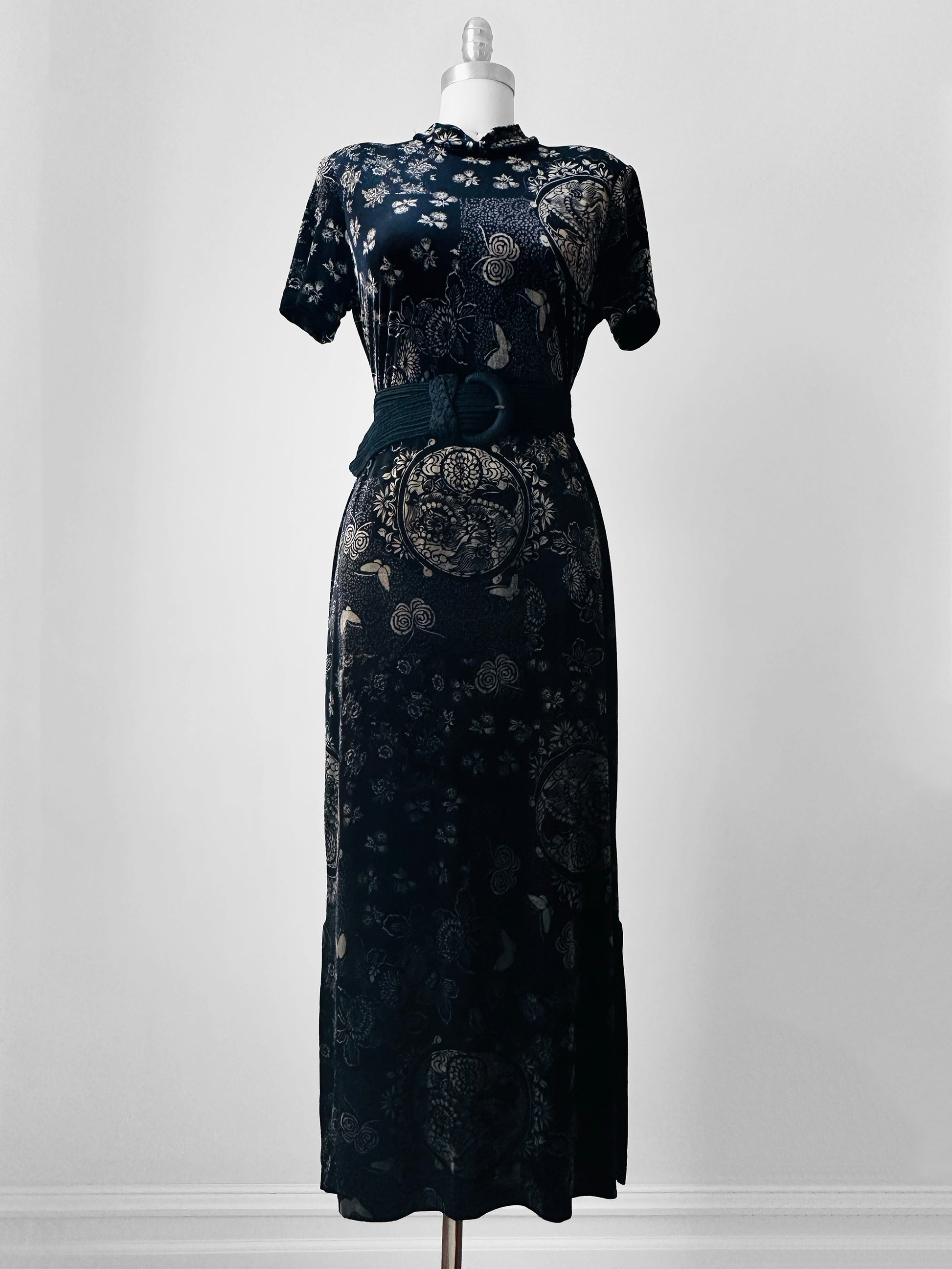 1990s Long Black and Gold Velour Asian Patterned Dress