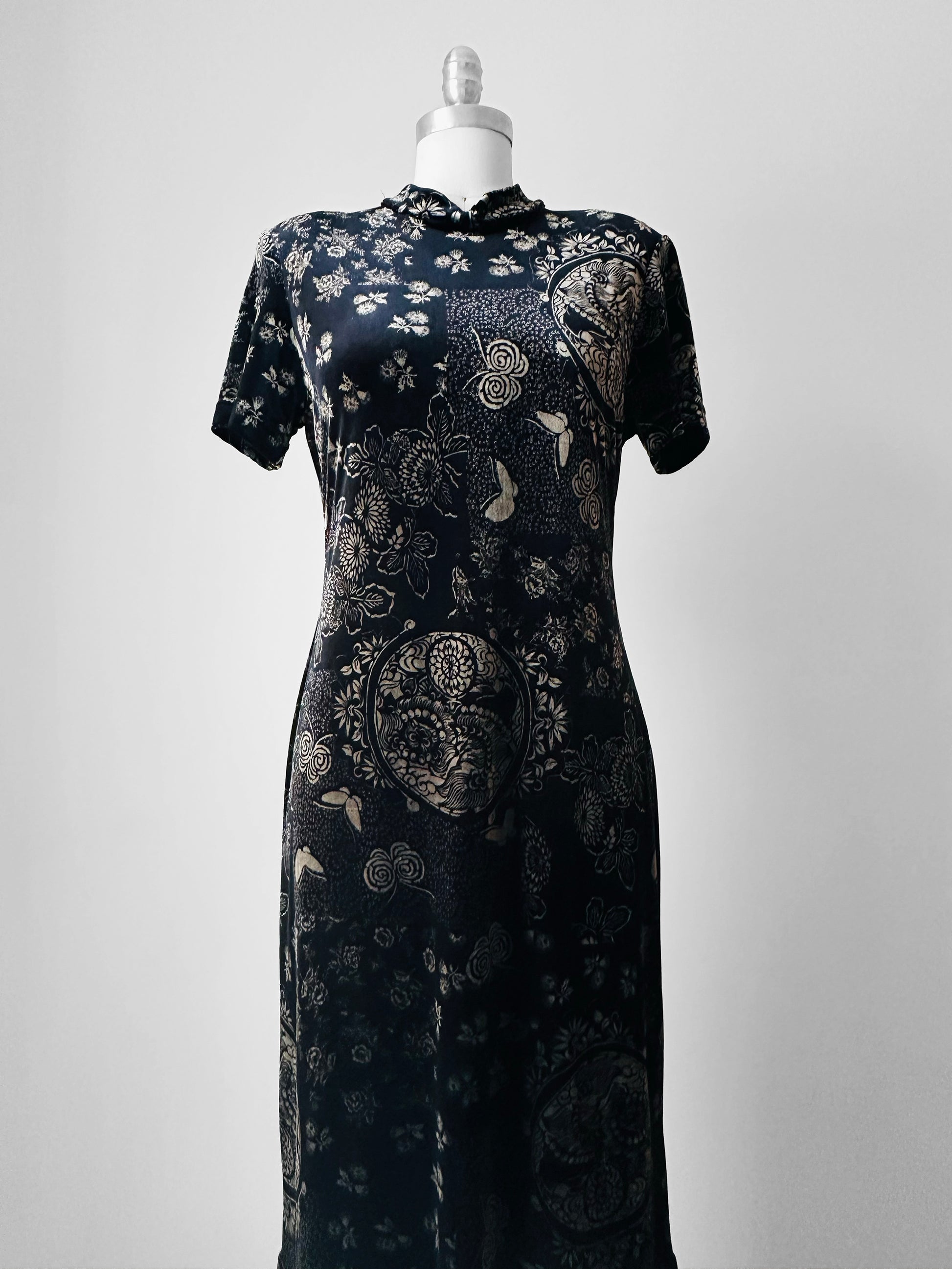 1990s Long Black and Gold Velour Asian Patterned Dress - Sz. Sm Box & Burrow Vintage 1990s Long Black and Gold Velour Asian Patterned Dress - Sz. Sm Box & Burrow Vintage