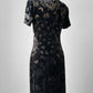 1990s Long Black and Gold Velour Asian Patterned Dress - Sz. Sm