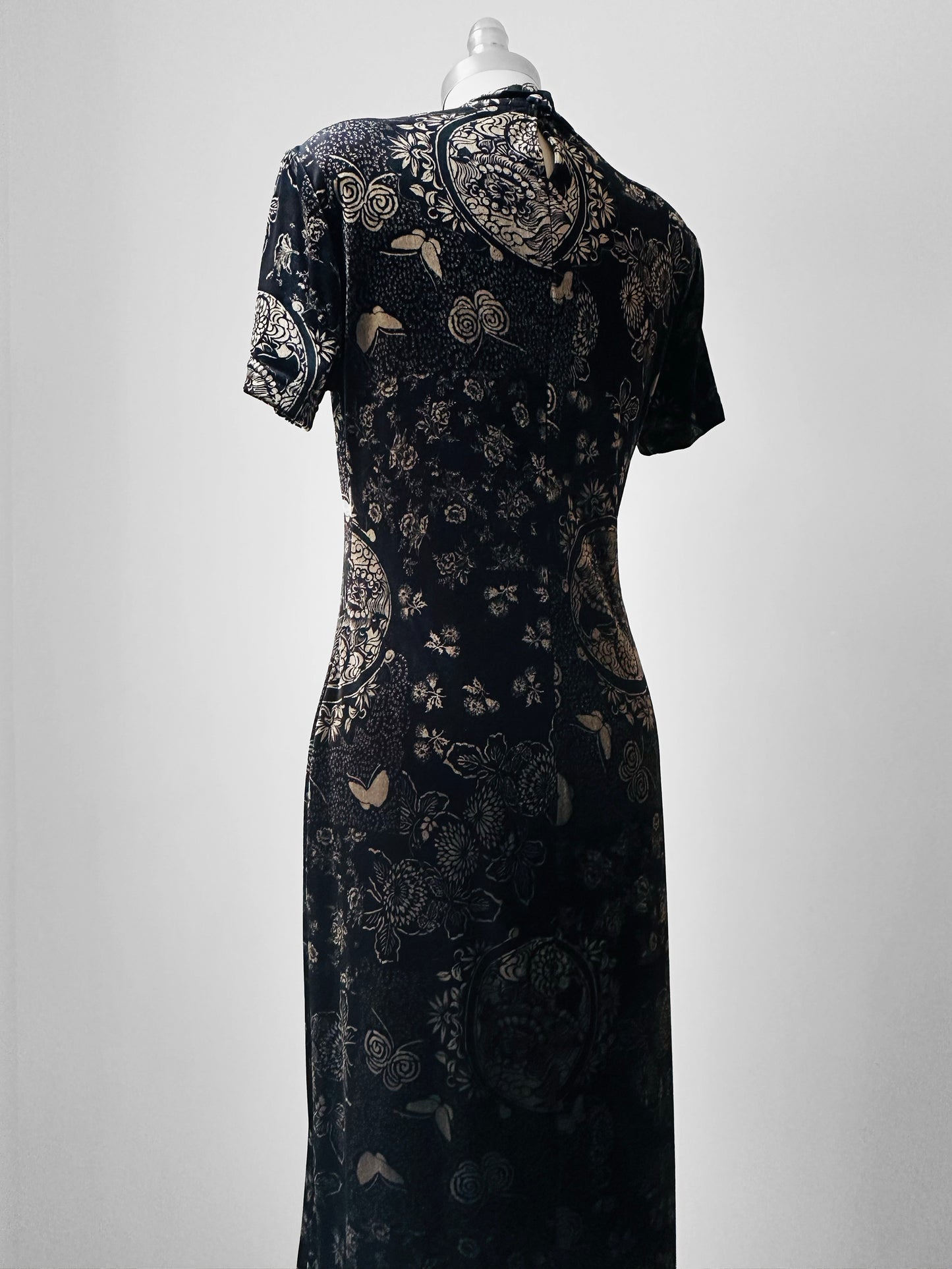 1990s Long Black and Gold Velour Asian Patterned Dress - Sz. Sm