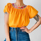 Vintage 1960s - 1970s Mustard Yellow Crochet Floral Trim Short Sleeve Peasant Blouse - Sz. S
