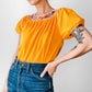 Vintage 1960s - 1970s Mustard Yellow Crochet Floral Trim Short Sleeve Peasant Blouse - Sz. S