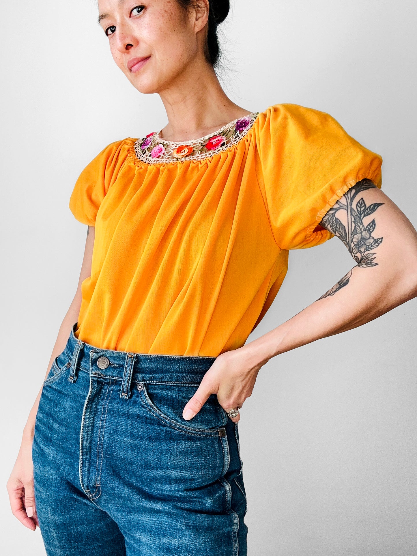 Vintage 1960s - 1970s Mustard Yellow Crochet Floral Trim Short Sleeve Peasant Blouse - Sz. S