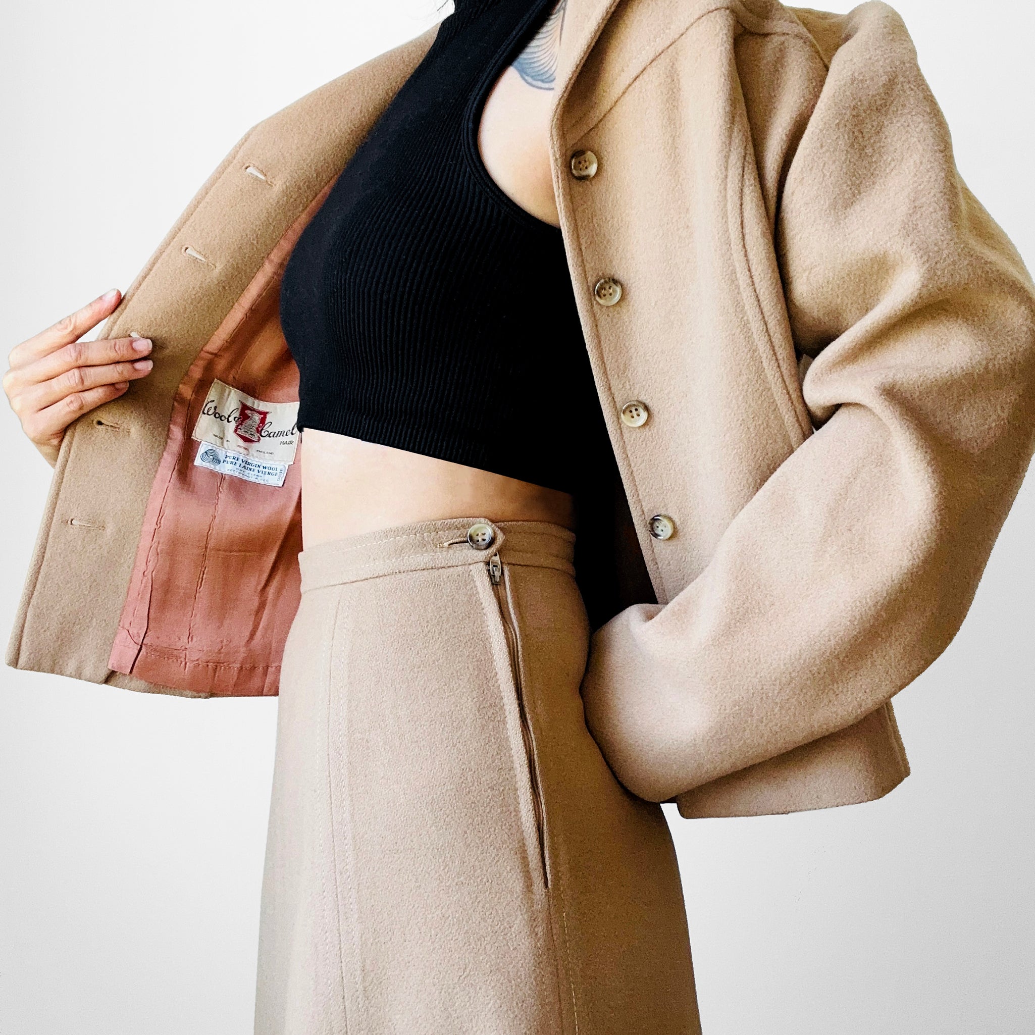 1960s Tan Bernard Cowan Toronto Wool Aline Skirt and Short Waist Jacke ...