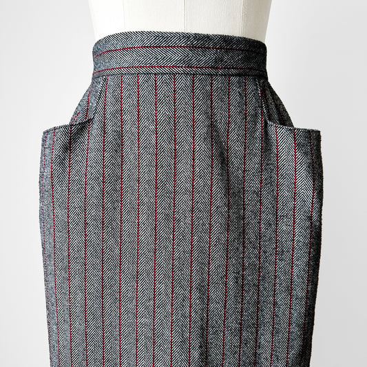 1980s Grey Red Stripe Wool Pleated Pocket Skirt - Sz. Small