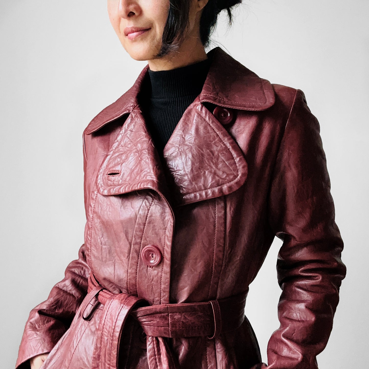 Y2K Maroon Bod & Christensen 70s Style Soft Leather Belted Jacket - Sz. Sm