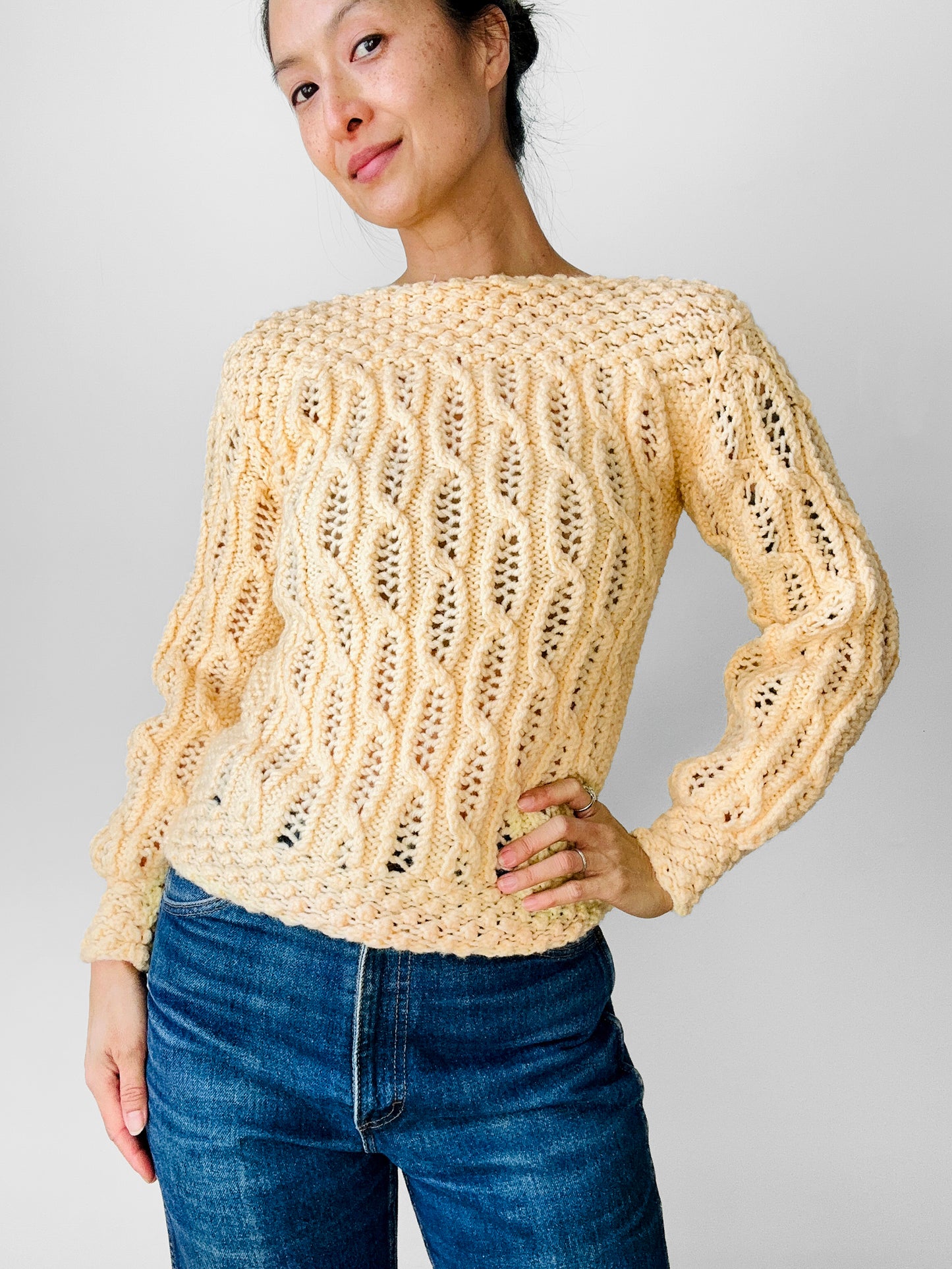 Vintage 1960s - 1970s Buttery Yellow Handmade Long Sleeve Textured Knit Sweater Top - Sz. XS/S