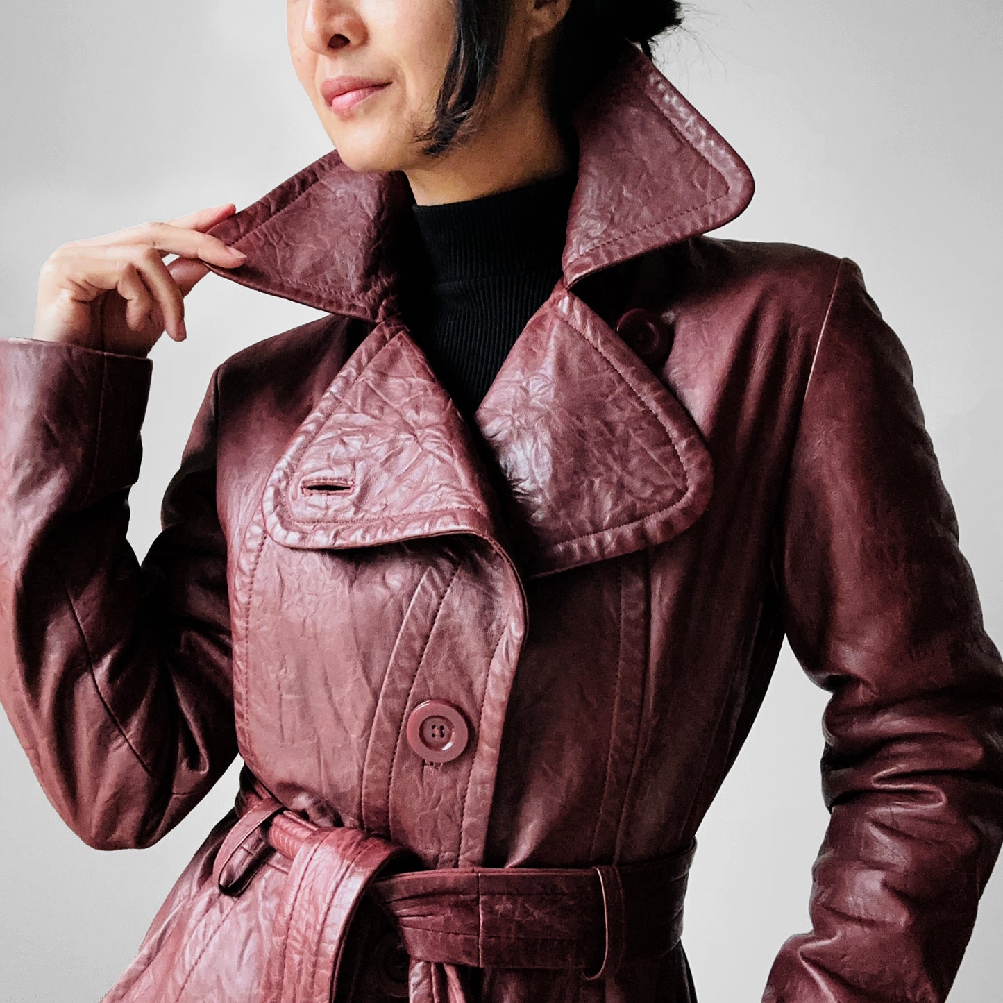 Y2K Maroon Bod & Christensen 70s Style Soft Leather Belted Jacket - Sz. Sm