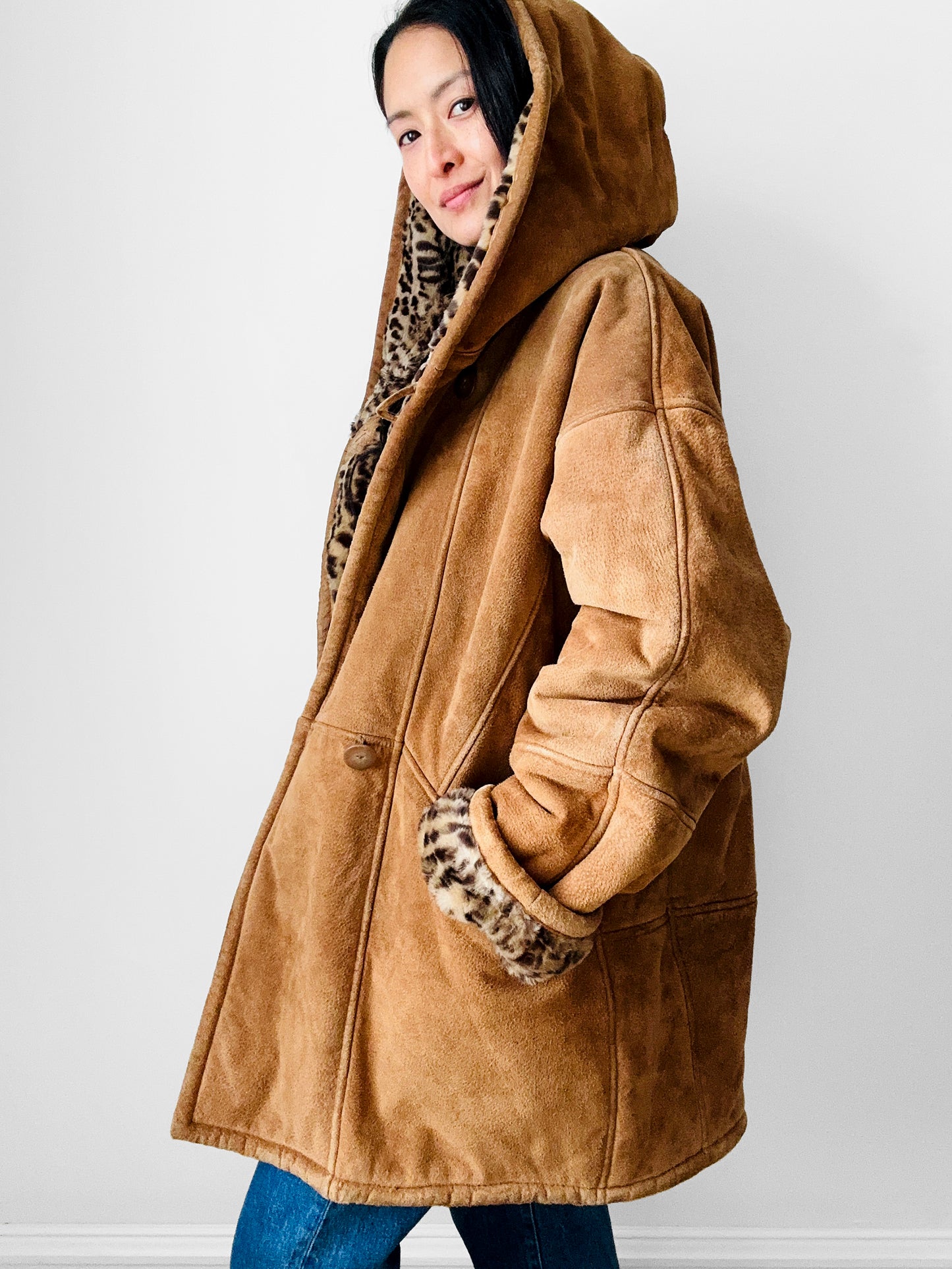 1980s Daniel Hechter Tan Suede and Faux Fur Leopard Print Hooded Jacket - Sz. M/L