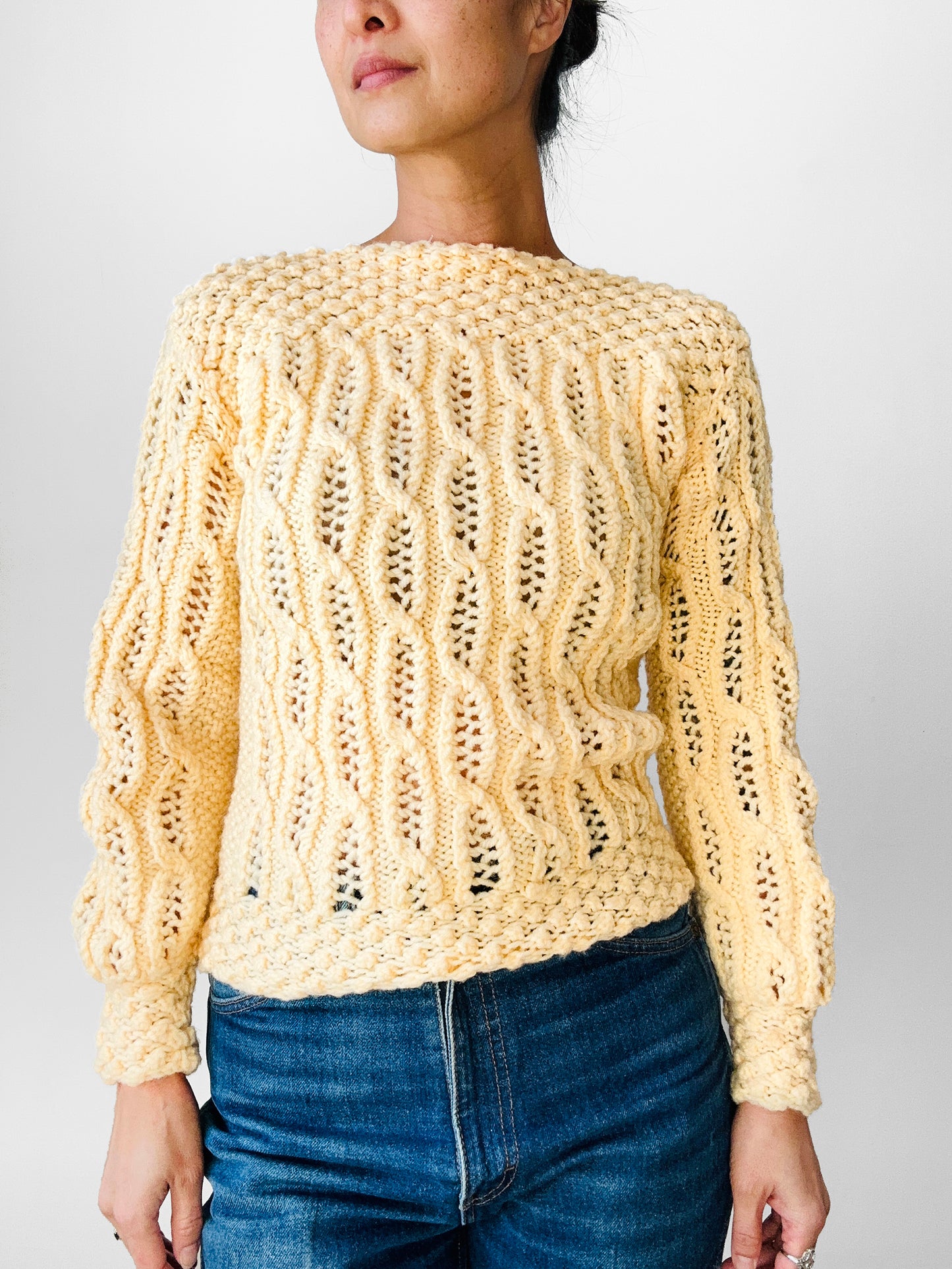 Vintage 1960s - 1970s Buttery Yellow Handmade Long Sleeve Textured Knit Sweater Top - Sz. XS/S
