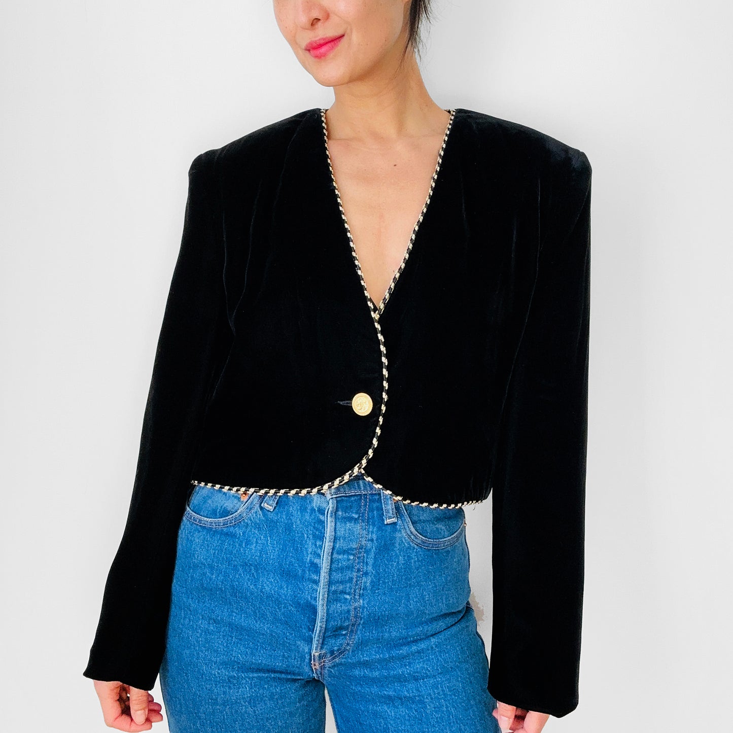 1980s Alfred Sung Black Velvet Trimmed Crop Jacket - Sz. S/M