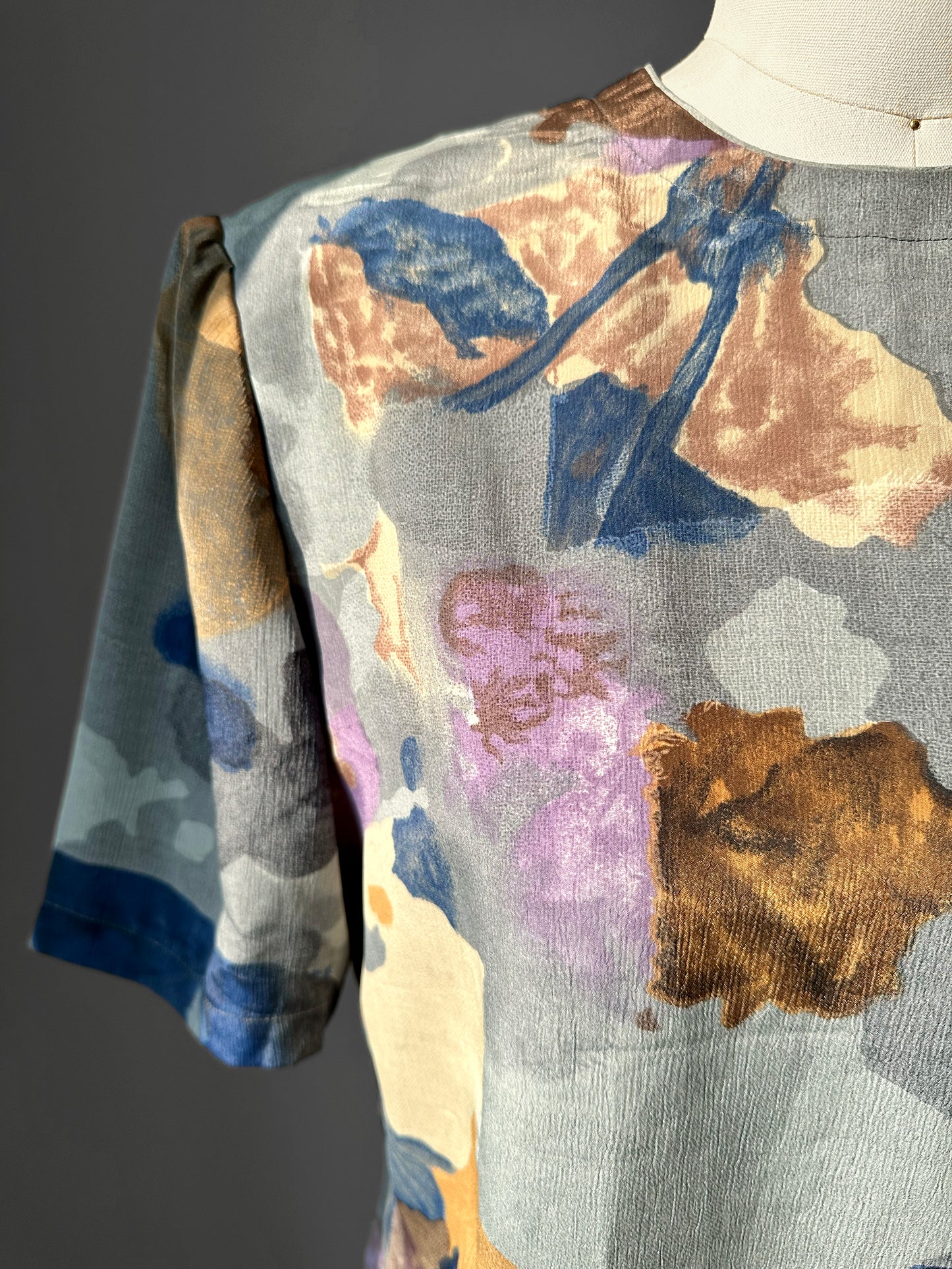 1980s Painterly Multi Tone Short Sleeve Blouse  - Sz. S/M