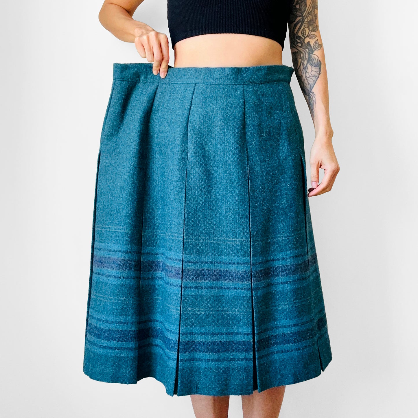 1980s Teal DUNEDIN Scotland Inverted Pleat Wool Skirt - Sz. 2XL-3XL /  38 waist