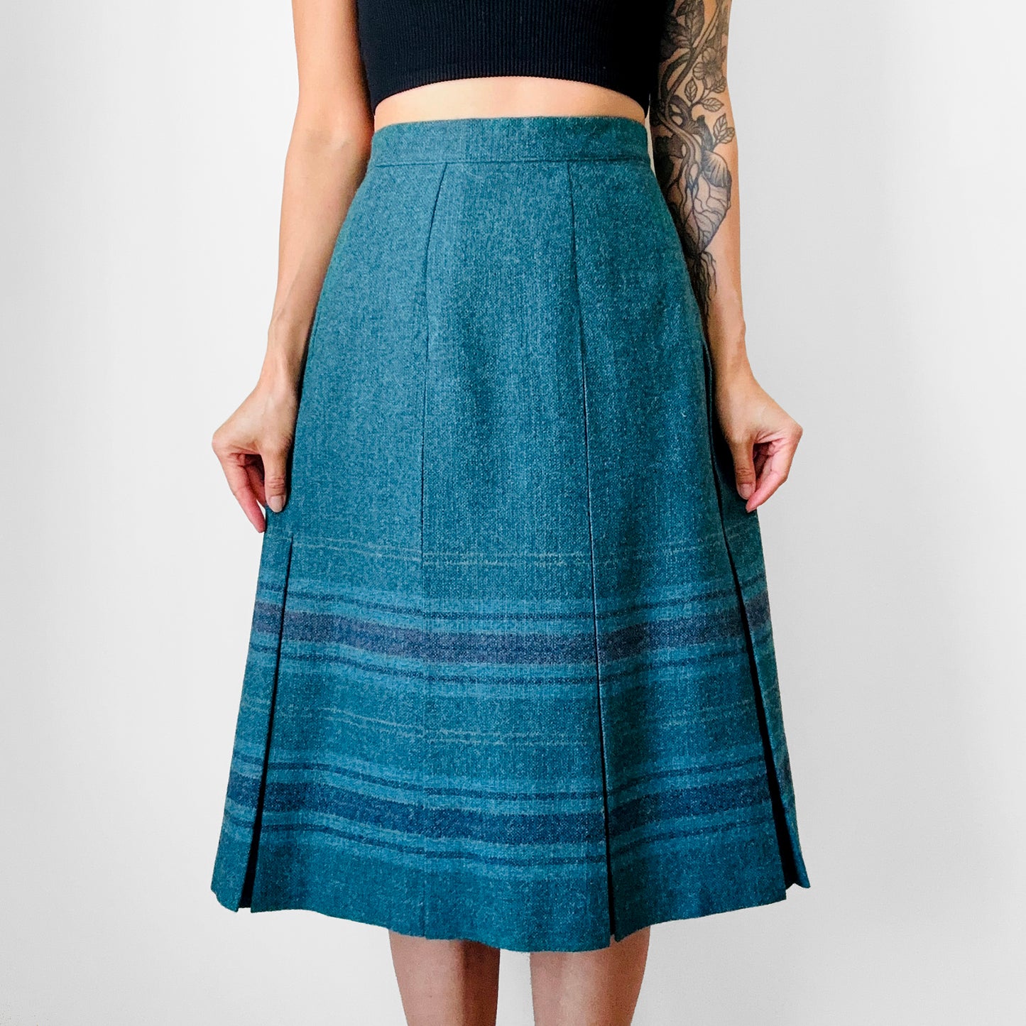 1980s Teal DUNEDIN Scotland Inverted Pleat Wool Skirt - Sz. 2XL-3XL /  38 waist