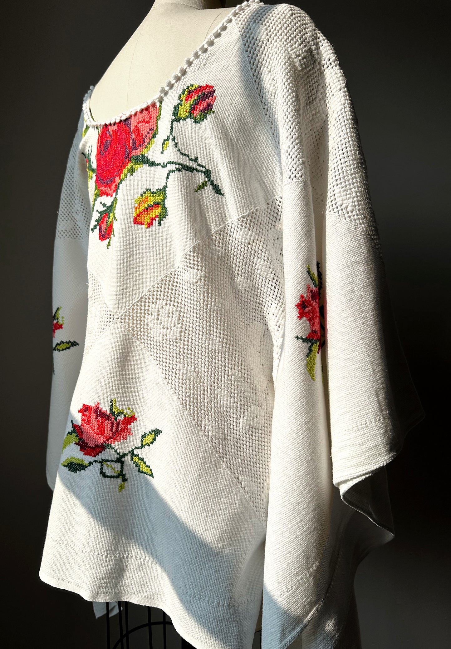 Reworked White Cross Stitch Cotton Tablecloth Top -  Sz. S/M