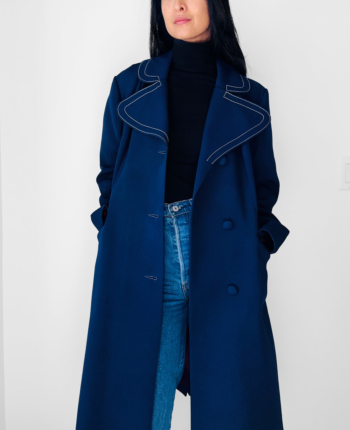 1960s - 1970s Blue Contrast Stitched Wide Lapel Midi-Length Coat