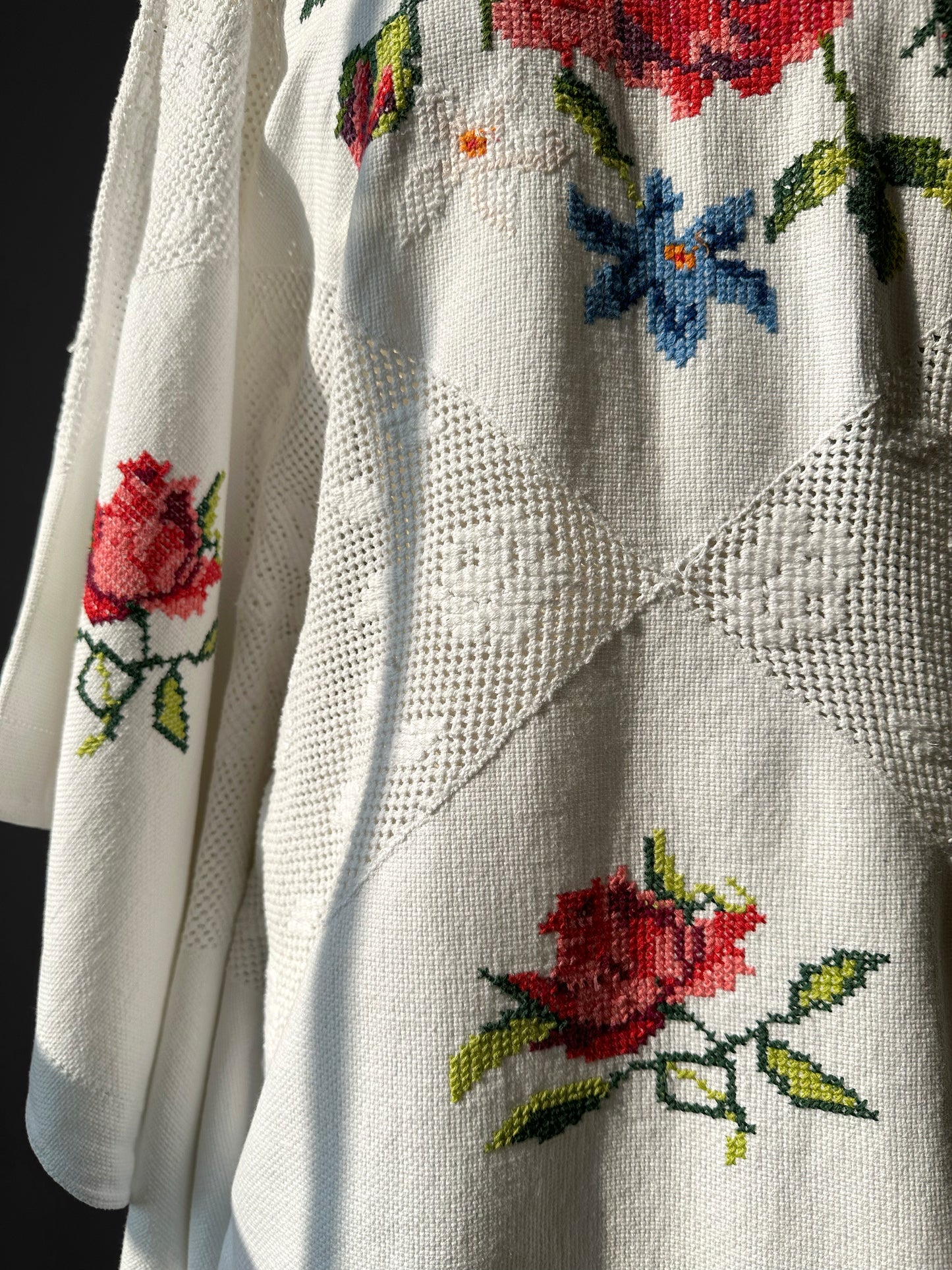 Reworked White Cross Stitch Cotton Tablecloth Top -  Sz. S/M