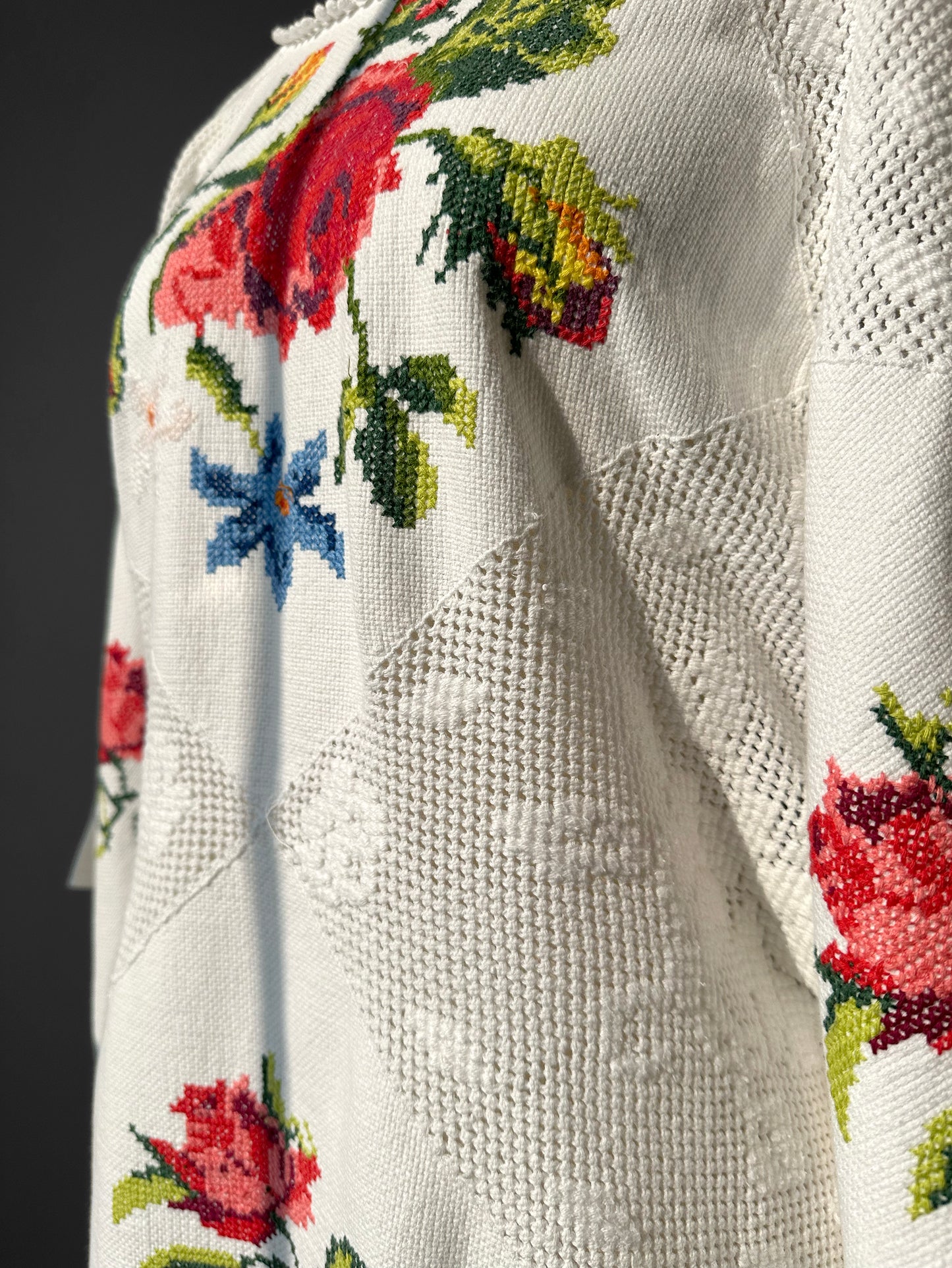 Reworked White Cross Stitch Cotton Tablecloth Top -  Sz. S/M