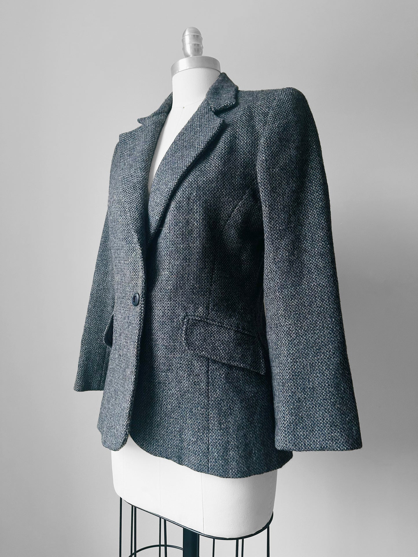 1960s Grey Single Button Tweed Wool Tapered Waist Jacket - Sz. S
