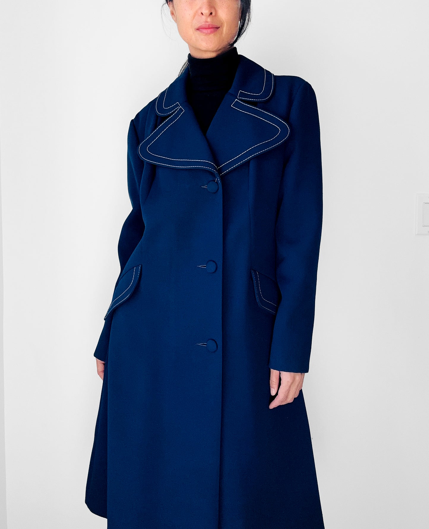 1960s - 1970s Blue Contrast Stitched Wide Lapel Midi-Length Coat