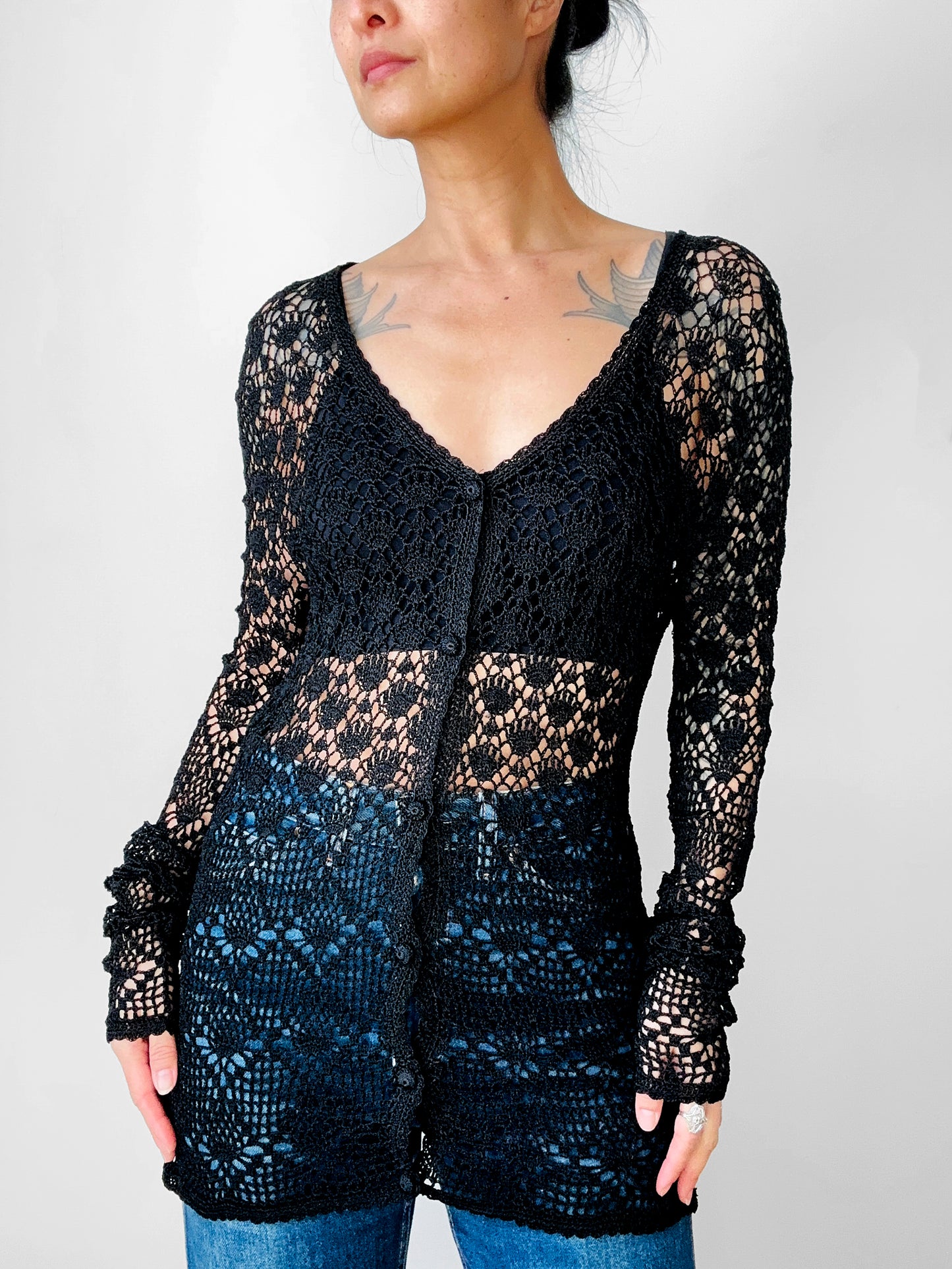 Vintage 1970s - 2000s Late 20th Century Black Netted Crochet Long Sleeve Cardigan Top - Sz. S