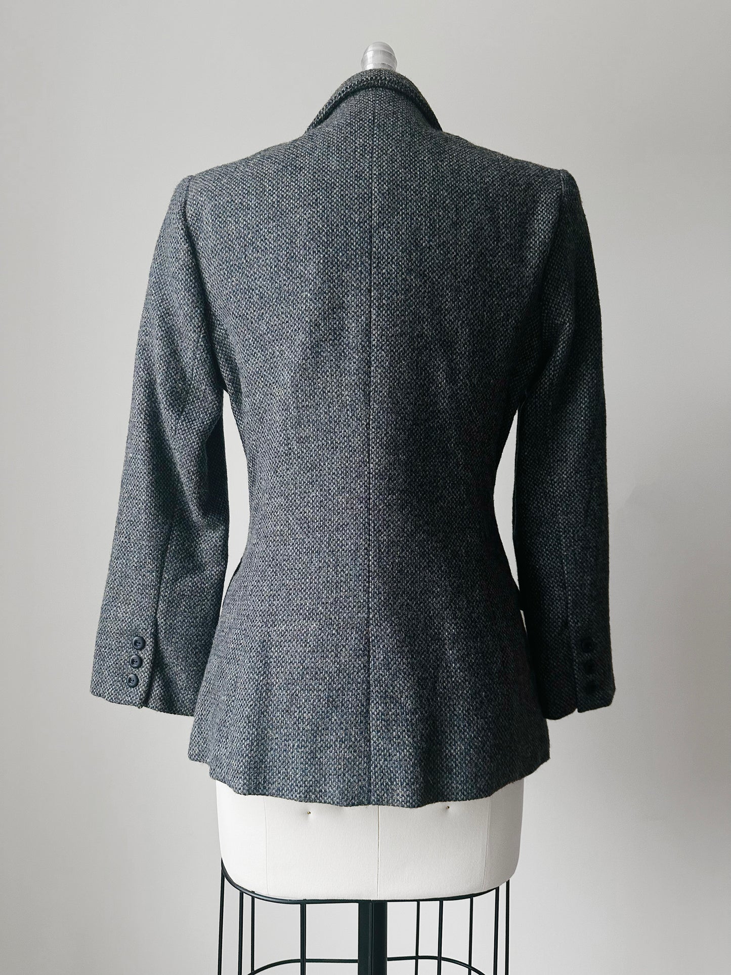 1960s Grey Single Button Tweed Wool Tapered Waist Jacket - Sz. S