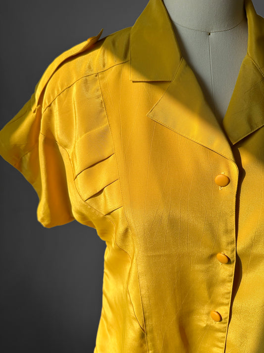 1980s Mustard Yellow Button Front Short Sleeve Blouse - Sz. S/M