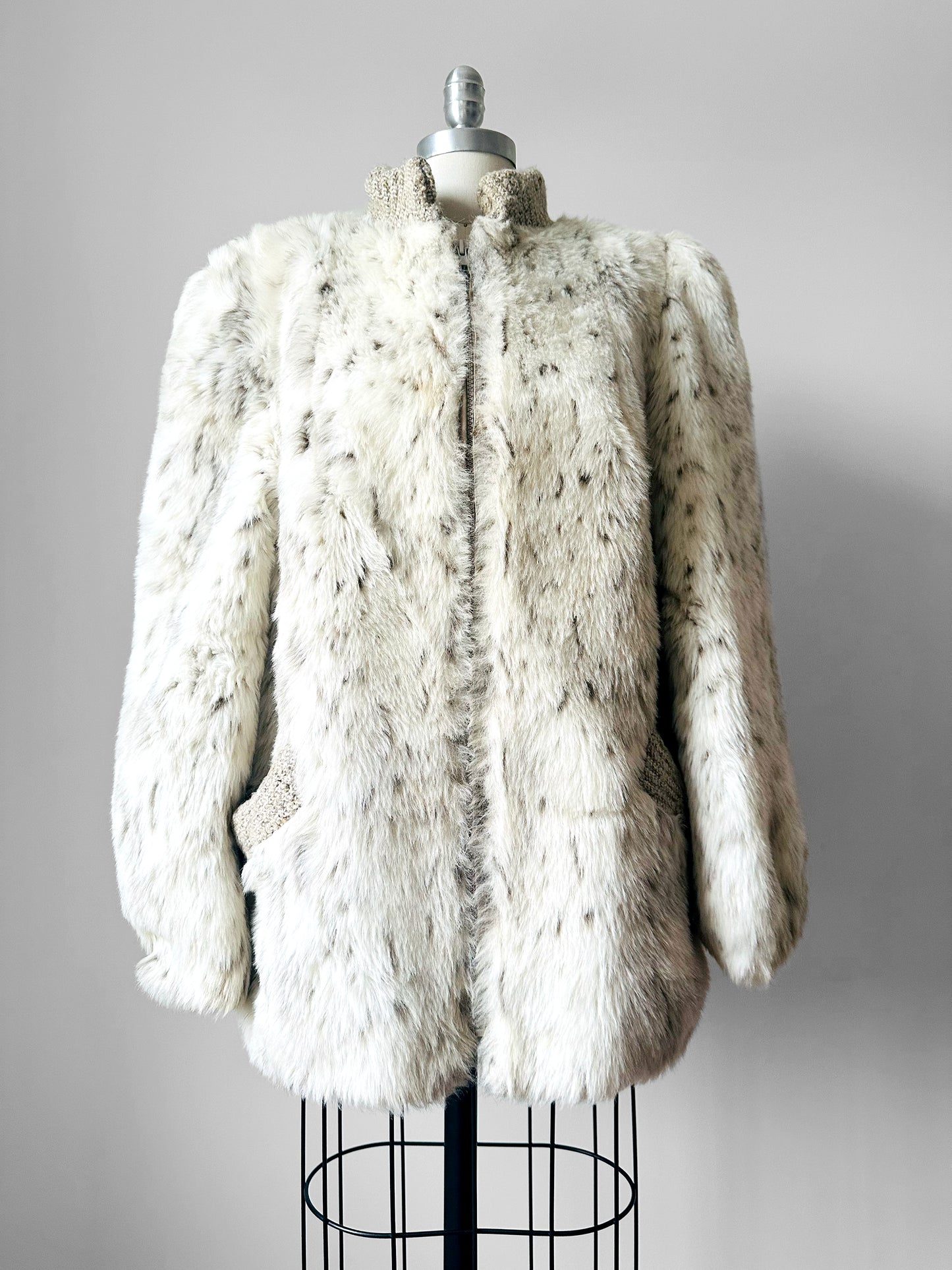 1980s Faux Fur Snow Leopard fax leather knit detail zip jacket - Sz. M/L