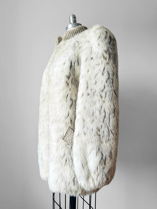 1980s Faux Fur Snow Leopard fax leather knit detail zip jacket - Sz. M/L