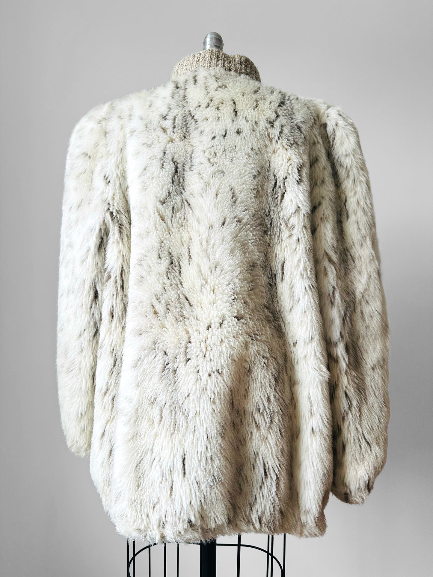 1980s Faux Fur Snow Leopard fax leather knit detail zip jacket - Sz. M/L