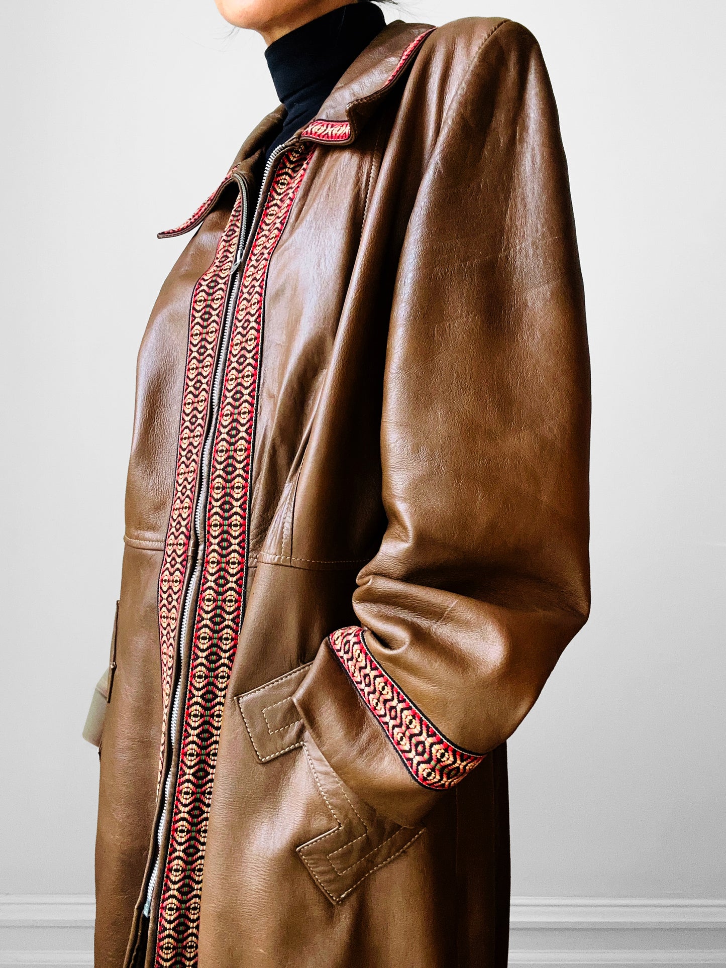 Late 1960s Saddle Brown Leather Woven Trim Metal Zipper Coat - Sz. M