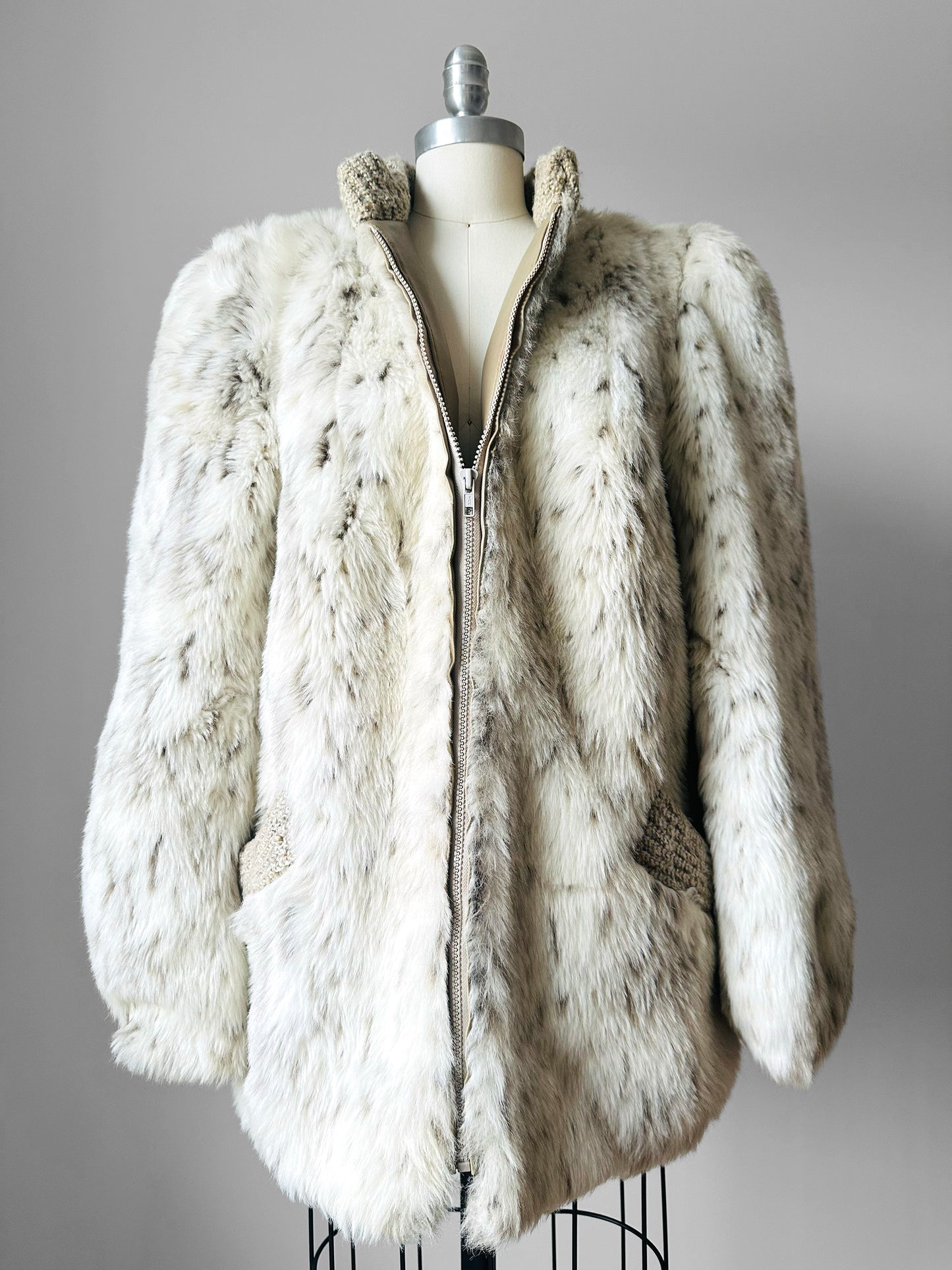 1980s Faux Fur Snow Leopard fax leather knit detail zip jacket - Sz. M/L