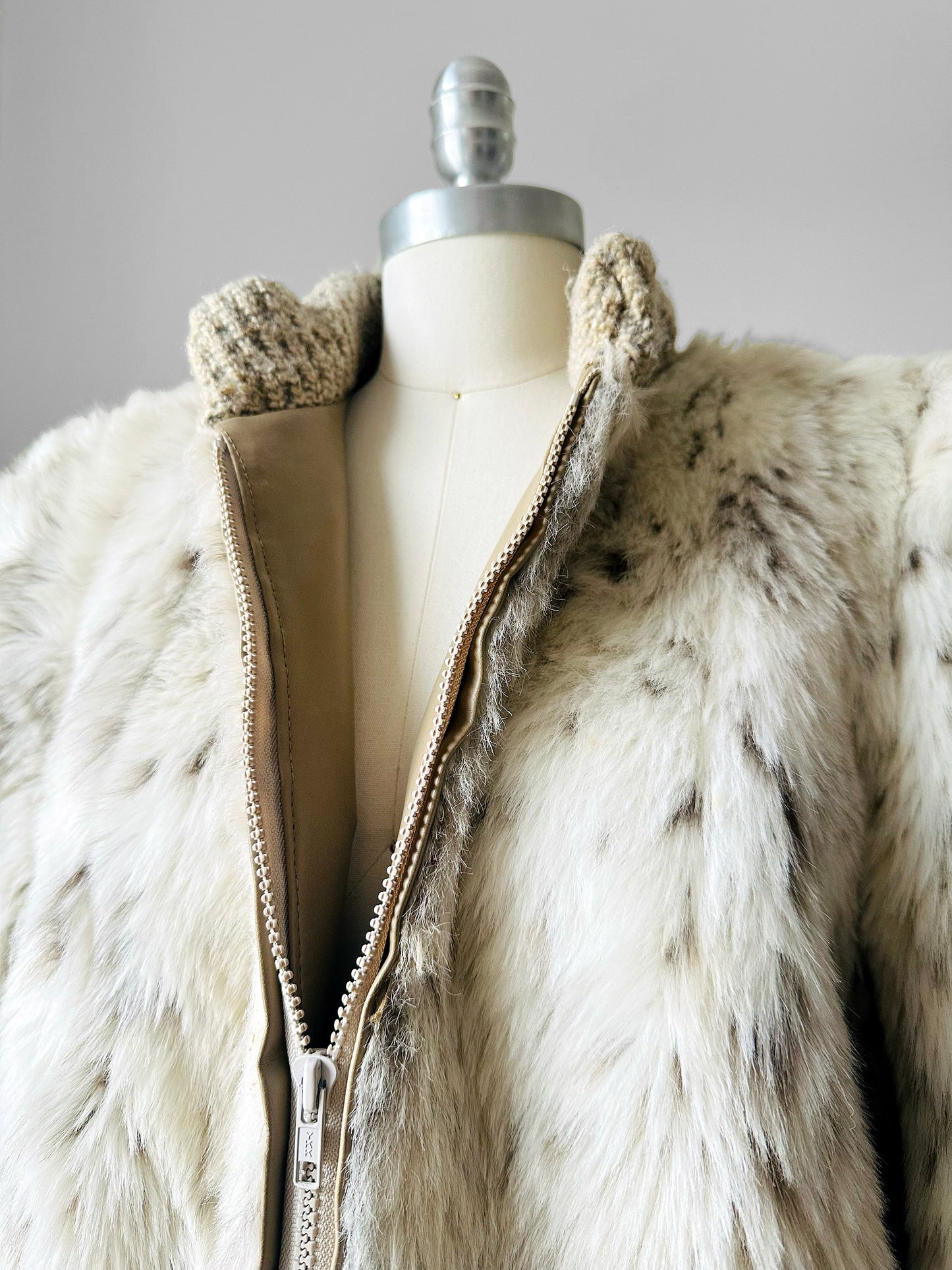 1980s Faux Fur Snow Leopard fax leather knit detail zip jacket - Sz. M/L