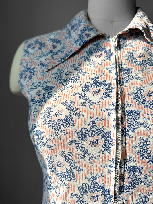 1960s Zip Front Floral Patterned Fitted Top - Sz. XS