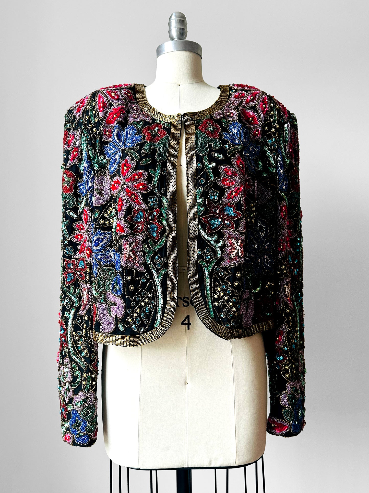 1980s Multi-Toned Beaded Sequins Open-Front Crop Silk Jacket - Sz. M/L